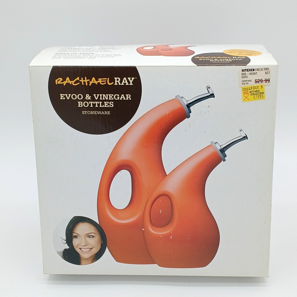 Rachael Ray EVOO & Vinegar Bottles Stoneware - Orange New in box - Never used